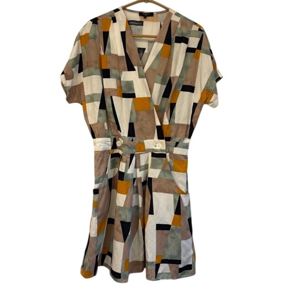 FRNCH PARIS Geometric Midi Dress Short Sleeve Smocked Waist Medium Large